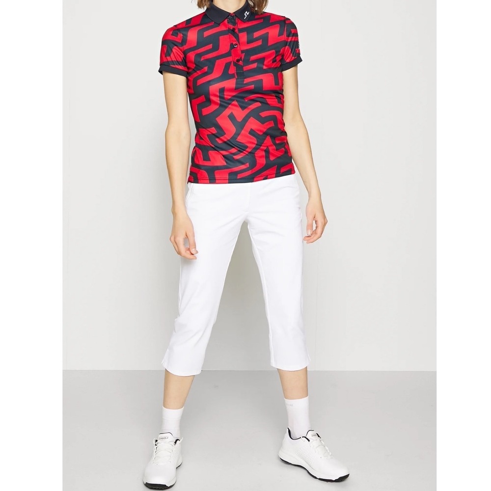 J.Lindeberg Womens Red Navy Bridge Monogram Golf Polo Shirt XS Short Sleeve